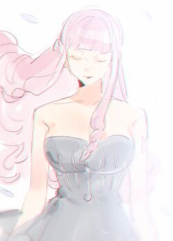 1girl arm_tattoo black_dress blunt_bangs braid closed_eyes closed_mouth dress facing_viewer floating_hair frilled_dress frills one_piece perona pink_hair raine_(acke2445) sidelocks simple_background solo strapless strapless_dress tattoo upper_body white_background