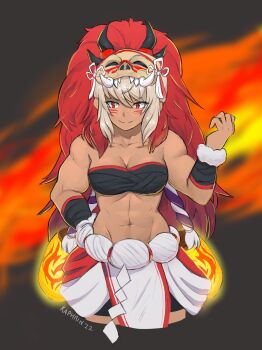 1girl bare_arms bare_shoulders breasts chest_sarashi collarbone commentary dark-skinned_female dark_skin english_commentary fire_emblem fire_emblem_fates fire_emblem_heroes highres horned_mask kaphrin mask mask_on_head medium_breasts muscular muscular_female navel nintendo official_alternate_costume red_eyes rinkah_(fire_emblem) rinkah_(flame)_(fire_emblem) sarashi solo stomach white_hair