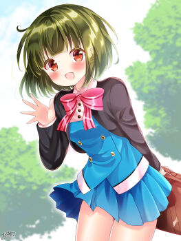 Rule 34 | 1girl, :d, absurdres, azur lane: slow ahead, bag, black jacket, blue skirt, blue vest, blunt bangs, blurry, blurry background, blush, bob cut, bow, bowtie, brown bag, brown eyes, buttons, collared shirt, commentary request, cowboy shot, double-breasted, green hair, hand up, highres, holding, holding bag, jacket, kin-iro mosaic, layered sleeves, leaf, moegi high school uniform, multicolored eyes, oomiya shinobu, open clothes, open jacket, open mouth, outdoors, pleated skirt, red eyes, school uniform, shirt, short hair, skirt, sky, smile, striped bow, striped bowtie, striped clothes, thighs, vest, waving, white shirt, yu-ka0919