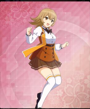 1girl :d black_bow black_bowtie black_shoes bow bowtie breasts brown_hair brown_skirt brown_vest buttons clenched_hands dot_nose double-breasted double-parted_bangs floral_background foot_out_of_frame game_cg hands_up large_breasts long_hair long_sleeves looking_at_viewer official_art open_mouth orange_eyes osafune_girls_academy_school_uniform pink_background platform_shoes school_uniform shimoishii_chika shirt shoes skirt smile solo thighhighs third-party_source toji_no_miko toji_no_miko:_kizamishi_issen_no_tomoshibi underbust vest white_shirt white_thighhighs zettai_ryouiki