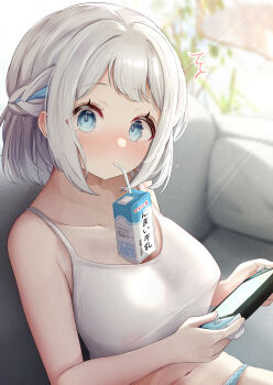 1girl absurdres blue_eyes blue_panties blush breasts couch drink_carton gakuen_idolmaster highres idolmaster katsuragi_lilja milk_carton nintendo_switch panties short_hair sitting sky_cappuccino solo underwear