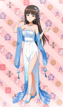 1girl artist_request black_eyes black_hair breasts collar commentary_request dress earrings full_body girls_und_panzer haiiro_purin hair_ornament high_heels highres jewelry large_breasts long_hair looking_at_viewer mature_female nishizumi_shiho official_alternate_costume official_art second-party_source standing white_dress