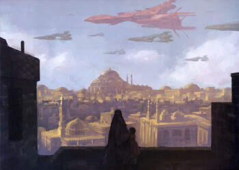 1boy 1girl arabian_clothes army artist_request building cityscape cloud cloudy_sky fleet gundam gundam_perfect_file gundam_zz highres magazine_scan middle_eastern_architecture mother_and_son neo_zeon painting_(medium) scan scene_reference science_fiction sky spacecraft traditional_media