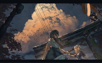 2girls bird black_hair black_skirt blonde_hair cloud commentary cumulonimbus_cloud dress from_below highres maribel_hearn moss multiple_girls outdoors power_lines purple_dress scenery shimekake shirt skirt sunset torii touhou usami_renko utility_pole white_shirt