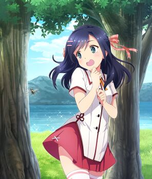 Rule 34 | 1girl, bee, blue hair, blue sky, blush, breasts, bug, buttons, cowboy shot, day, game cg, grass, green eyes, hair ornament, hair ribbon, hairclip, hands up, insect, lake, long hair, minoseki academy school uniform, mountainous horizon, official art, open mouth, outdoors, pink ribbon, plaid ribbon, red skirt, ribbon, scared, school uniform, shirt, short sleeves, skirt, sky, small breasts, solo, sparkle, subara rika, summer uniform, tearing up, thighhighs, third-party source, toji no miko, toji no miko: kizamishi issen no tomoshibi, tree, white shirt, white thighhighs, yellow ribbon, zettai ryouiki