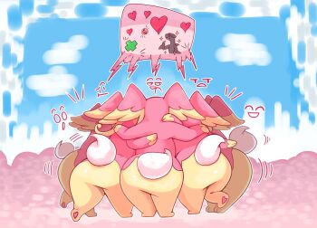 audino garchomp gen_4_pokemon gen_5_pokemon goopyarts heart highres mega_stone nintendo pink_fur pokemon pokemon_(creature) speech_bubble two-tone_fur yellow_fur