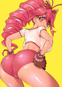 Rule 34 | 1girl, ahoge, ass, autoscorer, bow, breasts, buruma, claw (weapon), claws, commentary request, doll joints, drill hair, from behind, gym shirt, gym uniform, hair bow, highres, joints, kokura581, large breasts, long hair, looking at viewer, looking back, micha jawkan, multiple hair bows, open mouth, red buruma, red hair, senki zesshou symphogear, shiny skin, shirt, solo, striped bow, twin drills, weapon, white shirt