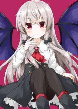 1girl ascot black_boots black_bow black_pantyhose black_skirt blush boots bow closed_mouth collared_shirt commentary_request demon_girl demon_wings feet_out_of_frame grey_hair hair_bow hand_up highres long_hair long_sleeves looking_at_viewer pantyhose red_ascot red_background red_eyes ruu_(tksymkw) shirt simple_background skirt smile solo sophie_twilight tonari_no_kyuuketsuki-san white_shirt wings