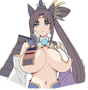 1girl alternate_breast_size_(larger) armor artist_name bare_shoulders black_hat blue_eyes breast_curtains breasts breasts_apart brown_hair circlet cleavage commentary_request cropped_arms cropped_torso dated detached_sleeves fate/grand_order fate_(series) feather_hair_ornament feathers hair_ornament hair_rings hat highres huge_breasts long_hair long_sleeves looking_to_the_side navel parted_bangs parted_lips revealing_clothes seo_tatsuya shoulder_armor side_ponytail sidelocks simple_background solo twitter_username upper_body ushiwakamaru_(fate) very_long_hair white_background