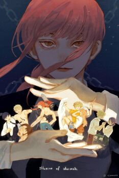 Rule 34 | 4girls, 6+boys, blonde hair, brown hair, chain, chainsaw, chainsaw man, commentary, demon horns, denji (chainsaw man), dual persona, hayakawa aki, highres, holding, holding hands, holding mini person, horns, hug, katana man (chainsaw man), looking at another, makima (chainsaw man), mini person, multiple boys, multiple girls, multiple persona, multiple views, necktie, object head, orange eyes, orange hair, power (chainsaw man), purple hair, red hair, red lips, reze (chainsaw man), ringed eyes, title, topknot, twitter username, xiaoarts