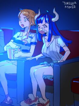 2girls bare_legs blue_hair breasts commentary food hair_up horns indoors large_breasts long_hair lowres mask mouth_mask multiple_girls nami_(one_piece) one_piece open_mouth orange_hair popcorn raine_(acke2445) shirt short_sleeves sidelocks single_sidelock sitting symbol-only_commentary ulti_(one_piece) v-neck watching_television white_shirt