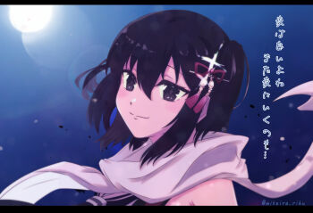 1girl absurdres black_hair black_neckerchief brown_eyes commentary_request full_moon highres kantai_collection looking_at_viewer mikeira_(mofumofu_saimin_club) moon neckerchief night sailor_collar scarf school_uniform sendai_(kancolle) sendai_kai_ni_(kancolle) serafuku shirt short_hair sleeveless sleeveless_shirt solo translation_request two_side_up white_sailor_collar white_scarf