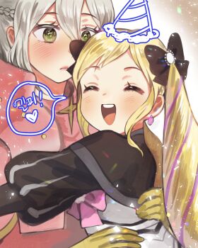 Rule 34 | 2girls, :d, armor, black bow, blonde hair, blush, bow, closed eyes, commentary request, ddomy pangin, drill hair, earrings, effie (fire emblem), elise (fire emblem), embarrassed, fire emblem, fire emblem fates, green eyes, grey hair, hair between eyes, hair bow, happy, highres, hug, jewelry, korean commentary, multicolored hair, multiple girls, nintendo, open mouth, pink armor, purple eyes, purple hair, smile, streaked hair, teeth, twin drills, twintails, upper teeth only