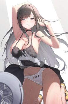 1girl absurdres arms_up ass bad_source black_choker black_dress black_eyes black_hair blush breasts choker cleavage debian dress embarrassed gluteal_fold highres indoors kali_linux kneeling large_breasts linux long_hair looking_at_viewer navel open_mouth orange_shoes panties personification playing_with_hair rkin shoes sneakers solo sweat tux underwear white_panties wind wind_lift