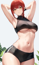 Rule 34 | 1girl, absurdres, armpits, arms behind head, arms up, breasts, chainsaw man, deyo (nicijyou), highres, large breasts, looking at viewer, makima (chainsaw man), navel, red hair, short shorts, shorts, simple background, solo, sportswear, stomach, sweat, underboob, white background, yellow eyes