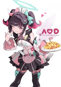 Rule 34 | 1girl, alternate costume, black hair, black thighhighs, bow, chocho 16, closed mouth, colored inner hair, commentary, cowboy shot, dress, food, green bow, green halo, hair bow, hair intakes, halo, highres, holding, holding plate, looking at viewer, multicolored hair, nangong yu, omelet, omurice, pink bow, pink dress, plate, red eyes, short twintails, smile, solo, thighhighs, twintails, untranslatable commentary, white headdress, white wings, wings, zenless zone zero