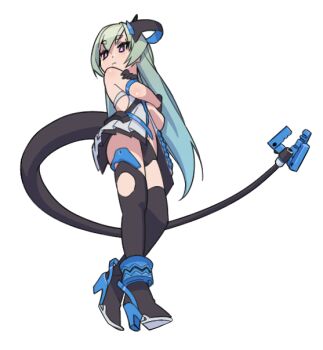 Rule 34 | 1girl, bad id, bad pixiv id, black gloves, black thighhighs, blue eyes, blue hair, boots, closed mouth, crossed arms, full body, gloves, honkai (series), honkai impact 3rd, horns, liliya olenyeva, matsushita yuubin, simple background, single horn, solo, tail, thighhighs, white background