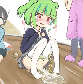 3girls ? @_@ absurdres black_jacket blonde_hair blue_hair blue_shirt blush breath clothes_lift double_bun green_hair green_panties grey_skirt hair_bun heavy_breathing highres jacket loli long_sleeves looking_down multicolored_hair multiple_girls open_mouth original panties panty_pull peeing peeing_on_floor pink_eyes puddle purple_shoes pussy relief school_uniform shirt shoes short_hair sijin1410 sitting skirt skirt_lift standing steam streaked_hair tears thighhighs trembling twintails underwear wet wet_clothes wet_panties white_shirt white_thighhighs