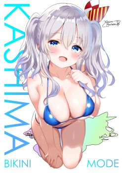 1girl absurdres artist_name bikini blue_bikini blue_eyes breasts character_name commentary_request grey_hair highres himura_moritaka kantai_collection kashima_(kancolle) kneeling large_breasts long_hair looking_at_viewer open_mouth shadow simple_background smile solo swimsuit text_background wavy_hair white_background
