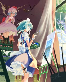 2girls apron back_bow bat_wings blue_dress blue_hair bow braid braided_sidelocks candelabra candlestand commentary_request cup curtains dress easel flying frilled_apron frilled_dress frills green_bow hair_bow hat highres holding holding_brush holding_cup holding_paint_palette holding_saucer indoors izayoi_sakuya knife looking_at_another maid maid_headdress mob_cap multiple_girls otomeza_ryuseigun paint_palette painting_(action) painting_(object) pink_dress pink_hat red_eyes remilia_scarlet saucer shelf short_hair signature standing touhou white_apron white_bow white_wrist_cuffs window wings wrist_cuffs