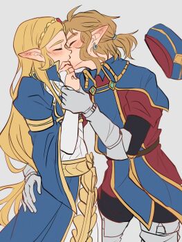 1boy 1girl ahoge aorin_(riley17_a) baggy_pants belt black_pants blonde_hair blue_capelet blue_dress blue_hat blue_tabard blush boots brown_belt brown_hair capelet circlet clenched_hand closed_eyes collared_capelet cowboy_shot dress earrings elbow_gloves fingerless_gloves french_kiss gauntlets gem gloves gold_ring grey_background hair_between_eyes hand_around_waist hand_up hat hetero highres holding_another&#039;s_wrist jewelry juliet_sleeves kiss link long_hair long_sleeves low_ponytail nintendo pants pointy_ears ponytail princess_zelda puffy_sleeves red_gemstone red_shirt shirt short_hair short_ponytail simple_background standing tabard the_legend_of_zelda the_legend_of_zelda:_breath_of_the_wild two-tone_dress unworn_hat unworn_headwear white_boots white_dress white_gloves wide_sleeves yellow_belt