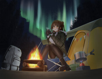 1girl absurdres backpack bag black_boots black_gloves black_pantyhose boots breasts brown_eyes brown_hair campfire camping commentary_request cooking_pot cup denim denim_shorts fire forest full_body gloves green_jacket hair_bun hear_(kpmf4732) highres holding holding_cup idolmaster idolmaster_cinderella_girls jacket lace-up_boots large_breasts long_hair long_sleeves nature night one_side_up open_clothes open_jacket outdoors pantyhose portable_stove ribbed_sweater shimamura_uzuki short_shorts shorts single_side_bun sitting solo sweater tent turtleneck turtleneck_sweater variant_set white_sweater