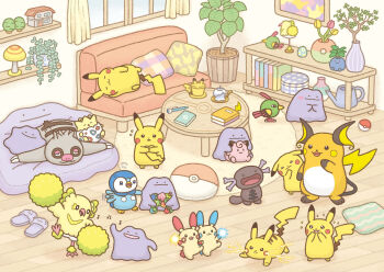 artist_request berry berry_(pokemon) book candle clefairy coffee_table container couch cup cushion ditto egg gen_1_pokemon gen_2_pokemon gen_3_pokemon gen_4_pokemon gen_5_pokemon gen_7_pokemon highres lamp litwick living_room minun mushroom natu nintendo notebook oddish official_art oricorio oricorio_(pom-pom) paldean_wooper pecha_berry pen pikachu pillow piplup plant plusle poke_ball pokemon pokemon_(creature) potted_plant raichu slakoth slippers table togepi watering_can window