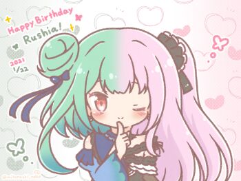 Rule 34 | 2girls, ;), black dress, blue bow, blue dress, blue sleeves, blush stickers, bow, closed mouth, commentary request, dated, detached sleeves, dress, finger to mouth, green hair, hair bow, hair bun, happy birthday, heart, heart background, highres, hololive, juliet sleeves, long hair, long sleeves, mitarashi neko, multiple girls, one eye closed, one side up, pink hair, puffy sleeves, red eyes, shushing, single side bun, smile, sparkle, split theme, uruha rushia, uruha rushia (1st costume), uruha rushia (3rd costume), very long hair, virtual youtuber, wide sleeves