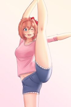 1girl absurdres doki_doki_literature_club flexible highres looking_at_viewer natsuki_(doki_doki_literature_club) raion_(raionart) sayori_(doki_doki_literature_club) smile split split_mouth standing standing_on_one_leg standing_split tagme