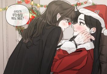 2girls black_coat blush brown_hair christmas coat commentary_request cuffs docounty ear_blush earrings flying_sweatdrops hand_blush handcuffs hat jewelry korean_commentary korean_text long_hair multiple_girls original parted_lips santa_costume santa_hat smile speech_bubble stud_earrings sweat translation_request yuri