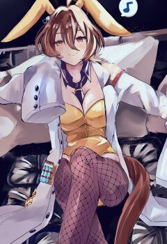 1girl agnes_tachyon_(umamusume) ahoge animal_ears between_breasts black_thighhighs blush breasts brown_hair chemical_structure cleavage closed_mouth coat cork couch detached_collar ear_covers earrings fishnet_thighhighs fishnets hair_between_eyes highres horse_ears horse_girl horse_tail jewelry lab_coat large_breasts leotard long_sleeves looking_at_viewer medium_hair musical_note necktie open_clothes open_coat pillow red_eyes riiko25chan single_earring sitting sleeves_past_fingers sleeves_past_wrists smile solo speech_bubble spoken_musical_note tail test_tube thighhighs umamusume white_coat yellow_leotard