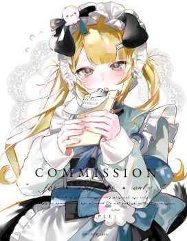 1girl absurdres animal_ears apron blonde_hair blue_eyes blush commission eyelashes fake_animal_ears fang fingernails hair_ornament hairpin headdress highres holding long_hair long_sleeves looking_at_viewer maid maid_apron maid_headdress mihuashi_commission mole mole_under_eye original paper sample_watermark sidelocks solo tears twintails watermark white_headdress yingzi_bing