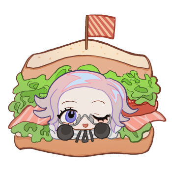 1boy :d aotsuki_eito black_gloves blue_eyes chibi chibi_only colored_sclera commentary_request food glasses gloves grey_hair highres in_food looking_at_viewer male_focus one_eye_closed open_mouth purple_pupils purple_sclera sandwich semi-rimless_eyewear short_hair simple_background smile solo tami_tome_mo the_hundred_line_-last_defense_academy- white_background