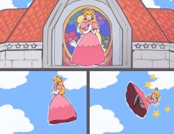 Rule 34 | 1girl, ass, blonde hair, brooch, castle, closed eyes, cloud, cloudy sky, comic, crown, day, dress, earrings, elbow gloves, female focus, floating, full body, gameplay mechanics, gloves, hands on own chest, high heels, immisterplow, invisible wall, jewelry, juliet sleeves, long hair, long sleeves, mario (series), meme, multiple views, nintendo, pain, parody, parted lips, pink dress, princess, princess peach, puffy sleeves, red footwear, sky, solo, stained glass, star (symbol), super mario 64, thighhighs, upskirt, white gloves, white thighhighs