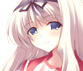 00s 1girl black_ribbon blonde_hair closed_mouth female_focus fuyuwa_kotatsu hair_intakes hair_ribbon kusugawa_sasara looking_at_viewer portrait ribbon simple_background solo to_heart_(series) to_heart_2 upper_body white_background