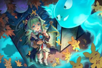 1girl ahoge artist_logo autumn_leaves black_hat blue_shoes bow_legwear detached_sleeves dianzi dress falling_leaves flag folding_screen from_above green_dress green_eyes green_hair hashtag-only_commentary hat holding holding_flag honkai:_star_rail honkai_(series) huohuo_(honkai:_star_rail) leaf logo long_hair looking_at_another loose_socks open_mouth paw-shaped_pupils pennant shoes socks solo symbol-shaped_pupils tassel white_socks yuelycia