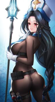 1girl absurdres ass belt black_bodysuit black_hair blue_background bodysuit breasts commentary cross cross_earrings earrings english_commentary gloves goddess_of_victory:_nikke hat highres holding holding_staff ice_flower jewelry large_breasts long_hair maiden_(ice_rose)_(nikke) maiden_(nikke) mitre official_alternate_costume panties panties_visible_through_clothes potion pouch red_eyes see-through_bodystocking solo staff thigh_pouch thighs thong trhisell underbust underwear utility_belt white_gloves