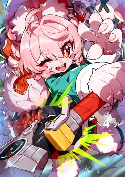 1girl ahoge animal_ear_fluff animal_ear_piercing animal_ears anklet blurry blurry_background braid braided_twintails bright_pupils fuji_tarawi furry furry_female green_shirt hair_intakes highres holding holding_sword holding_weapon jewelry long_hair looking_at_viewer one_eye_closed open_mouth pink_fur pink_hair rabbit_ears rabbit_girl rabbit_tail red_eyes revision screw shirt short_eyebrows solo sparkle sword tail teeth thick_eyebrows upper_teeth_only waving weapon white_pupils zenless_zone_zero zhao_(zenless_zone_zero)