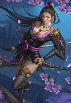 1girl architecture armor black_hair branch breasts brown_eyes cherry_blossoms cleavage commentary commission east_asian_architecture english_commentary epaulettes expressionless facial_mark highres holding holding_sheath holding_sword holding_weapon japanese_armor jewelry katana looking_at_viewer medium_breasts necklace nibelart night original petals ponytail red_lips red_nails sandals sheath shoulder_armor sode solo standing standing_on_branch standing_on_one_leg sword thighhighs toes unsheathed weapon