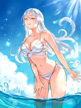 Rule 34 | 1girl, bikini, blush, breasts, cat valkyrie (nyanko daisensou), closed eyes, cloud, cloudy sky, day, elico nya, gluteal fold, hand on leg, happy, large breasts, long hair, navel, nyanko daisensou, seaside, side-tie bikini bottom, silver bikini, sky, splashing, summer, sunlight, swimsuit, very long hair, water, white hair