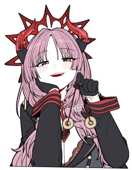 1girl absurdres between_breasts blue_archive bra bra_peek breasts coin coin_on_string highres holding holding_pendulum holed_coin horns hypnosis hypnotizing_viewer mind_control multicolored_horns necktie necktie_between_breasts pendulum red_bra red_horns red_necktie red_wrist_cuffs satsuki_(blue_archive) solo two-tone_horns underwear wrist_cuffs wujurana