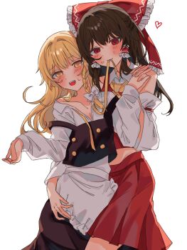 2girls absurdres amatukimahoro apron ascot black_skirt black_vest blonde_hair bow braid breasts brown_hair cleavage collared_shirt cowboy_shot detached_sleeves frilled_bow frilled_hair_tubes frills hair_bow hair_tubes hakurei_reimu heart heart_in_eye highres holding_hands interlocked_fingers kirisame_marisa long_hair long_sleeves looking_at_viewer mouth_hold multiple_girls no_headwear open_mouth red_bow red_eyes red_shirt red_skirt ribbon shirt side_braid simple_background single_braid skirt sleeveless sleeveless_shirt symbol_in_eye touhou vest white_apron white_background white_bow white_shirt white_sleeves yellow_ascot yellow_eyes yellow_ribbon yuri
