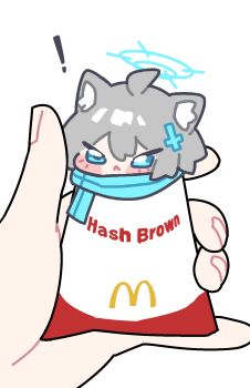 1girl :< ahoge animal_ears blue_archive blue_eyes blue_halo blue_scarf chibi commentary english_commentary grey_hair hair_between_eyes halo highres holding ishikoro24 mismatched_pupils pov scarf shiroko_(blue_archive) simple_background untranslatable_commentary wolf_ears wolf_girl