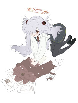 1girl absurdres accident all_fours black_pantyhose black_shoes black_skirt black_vest blue_archive blush broken_bottle broken_glass cleaning cleaning_rag coffee collared_shirt commentary_request flask full_body glass grey_hair hair_intakes hair_ornament hair_over_one_eye halo highres holding holding_rag kanoe_(blue_archive) long_bangs long_hair long_sleeves looking_at_viewer miniskirt neck_ribbon nervous_smile nervous_sweating one_eye_covered open_mouth pantyhose paper pleated_skirt red_eyes red_halo red_ribbon ribbon round-bottom_flask school_uniform shirt shoes simple_background skirt smile solo spill sweat two_side_up upturned_eyes very_long_hair vest white_background white_shirt wiping yona_(yoroyoro)