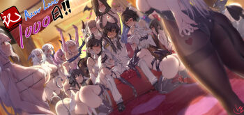 1boy 6+girls adjusting_clothes animal_ears arms_under_breasts ass atago_(azur_lane) azur_lane bad_id bad_pixiv_id bare_shoulders bent_over black_choker black_eyes black_hair black_legwear blonde_hair blue_eyes blunt_bangs blush braid breast_rest breasts breasts_on_head character_request choker cleavage club3 copyright_name couch crossed_arms dutch_angle elbow_gloves everyone flat_chest formidable_(azur_lane) french_braid gloves hair_between_eyes hair_over_one_eye hair_ribbon hairband harem heart heart_tattoo highres horns illustrious_(azur_lane) javelin_(azur_lane) laffey_(azur_lane) large_breasts long_hair long_sleeves maid_headdress midriff mole mole_on_breast multiple_girls navel open_mouth out_of_character pants pantyhose playboy_bunny purple_hair red_eyes revealing_clothes ribbon short_hair sideboob silver_hair smile star_(symbol) tail takao_(azur_lane) tattoo thighhighs tongue tongue_out twintails underboob white_gloves wings
