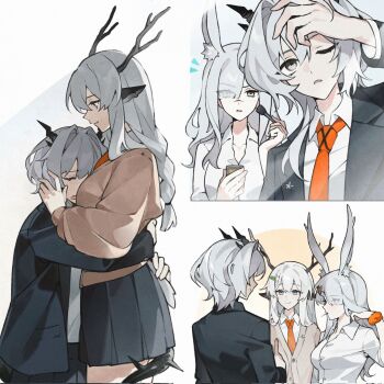 3girls alina_(arknights) animal_ears arknights black_horns black_jacket black_skirt blazer blue_eyes brown_cardigan buttons cardigan closed_eyes closed_mouth collared_shirt corrupted_twitter_file eyes_visible_through_hair face_to_breasts frostnova_(arknights) grey_eyes grey_hair hair_flip hair_ornament hairclip highres holding holding_brush holding_makeup_brush horns hug jacket lapels long_hair long_sleeves looking_at_another makeup_brush medium_hair multiple_girls multiple_views necktie notice_lines one_eye_closed orange_necktie parted_lips profile quanx70909457 scar scar_on_face scar_on_nose school_uniform scrunchie shirt skirt smile star_(symbol) star_pin talulah_(arknights) tearing_up white_shirt wrist_scrunchie yuri