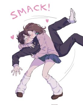 1boy 1girl ayase_momo black_hair black_jacket black_pants blue_skirt blush brown_eyes brown_hair brown_shoes buttons closed_eyes commentary dandadan earrings english_commentary english_text full_body glasses hair_between_eyes heart hetero highres hug jacket jewelry kiss kiwiteamlp leg_warmers legs_up long_sleeves looking_at_another miniskirt pants pink-framed_eyewear pink_jacket pleated_skirt puffy_long_sleeves puffy_sleeves round_eyewear shoes short_hair simple_background skirt socks standing sweat takakura_ken_(dandadan) v-shaped_eyebrows white_background white_shoes white_socks