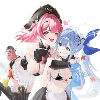 2girls :d anchor_(innocent_maid)_(nikke) anchor_(nikke) apron ass bikini black_bikini black_boots blue_eyes blue_hair blue_ribbon boots breasts fang goddess_of_victory:_nikke hair_between_eyes hair_ornament hair_ribbon hat heart highres knee_boots large_breasts long_hair maid maid_apron maid_bikini maid_headdress mast_(nikke) mast_(romantic_maid)_(nikke) morgan_(nikke) multiple_girls navel official_alternate_costume open_mouth patrick_star pink_hair pirate_hat purple_eyes ribbon shanchui_nan simple_background skin_fang small_breasts smile spongebob_squarepants spongebob_squarepants_(series) starfish starfish_hair_ornament stomach swimsuit unconventional_maid white_background