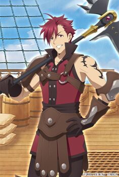 1boy arm_tattoo armor armored_gloves artist_request blue_sky brown_gloves brown_pants cloud cloudy_sky collarbone collared_shirt commentary_request cowboy_shot day gloves glowing grin high_collar holding holding_scythe l&#039;arc_berg_sickle light_rays looking_at_viewer male_focus messy_hair official_art on_ship open_mouth outdoors pants pauldrons red_eyes red_hair red_shirt scythe shirt short_hair shoulder_armor single_couter single_pauldron sky sleeveless sleeveless_shirt smile solo standing sunbeam sunlight tate_no_yuusha_no_nariagari tattoo