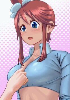 1girl animated animated_gif blonde_hair blue_eyes blush bouncing_breasts breasts censored censored_nipples crop_top dark-skinned_female dark_skin elesa_(pokemon) hadairo_rainbow large_breasts long_sleeves nintendo novelty_censor pokemon pokemon_bw red_hair skyla_(pokemon) zipper